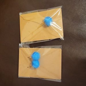Matching Blue Pom Earrings and Necklace Set